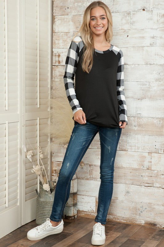 Plaid Solid Contrast Long Sleeve Top