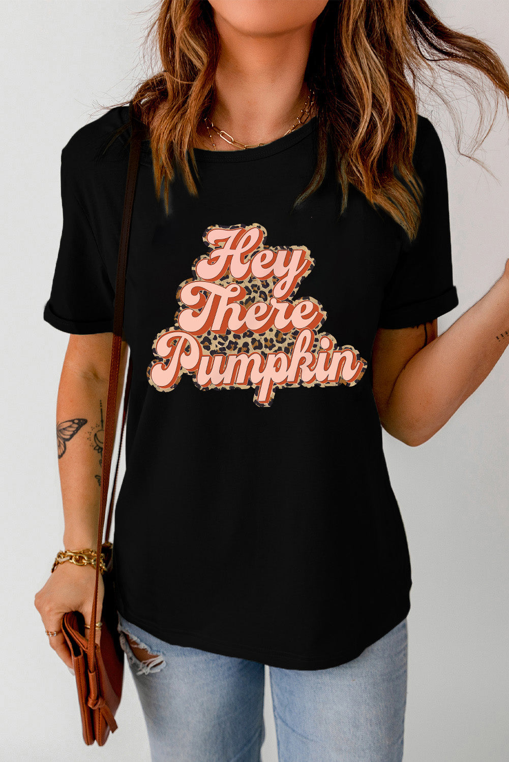 Black Hey There Pumpkin Leopard Graphic Tee