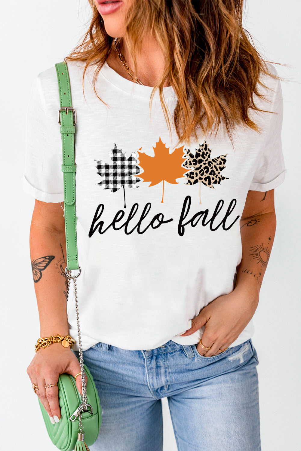 White Hello Fall Maple Leaves Casual Short Sleeve Graphic Tee